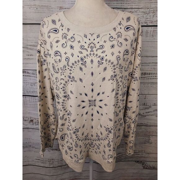 Democracy Sweatshirt‎ Woman Large Cream Boatneck Round Shirttail Hem Paisley - Picture 1 of 12